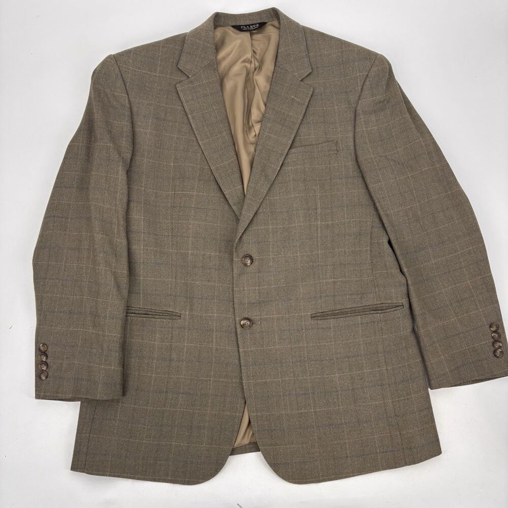 Jos A Banks Silk Wool Windowpane Blazer Tan Sports Jacket Mens 44 R Crosshatch